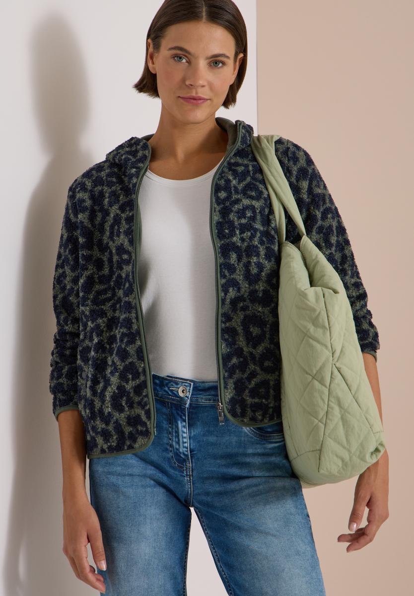 Damen Teddy-Jacke mit Kapuze und Leo-Muster
