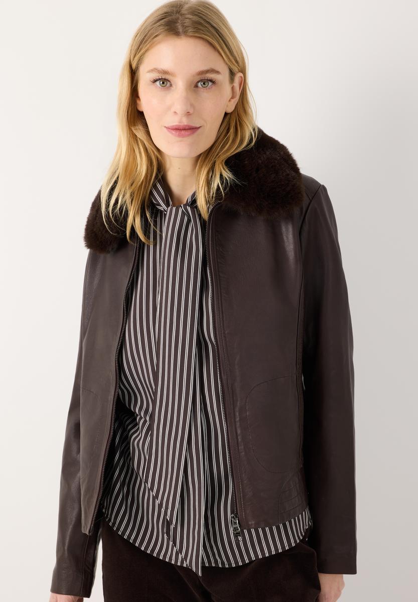 Damen Lederjacke mit abnehmbarem Kunstfellkragen