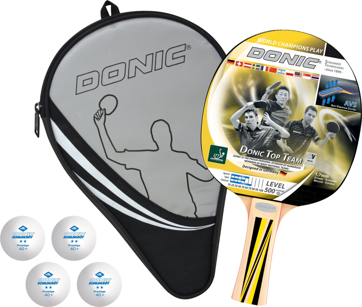 DONIC Tischtennis-Set Donic-Schildkröt Tischtennis-Geschenkset Top Team 500, 1 Schläger, 4 Bälle inkl. Schlägerhülle, in neuer Kartonverpackung, tolles Komplettset für den Start, 788451