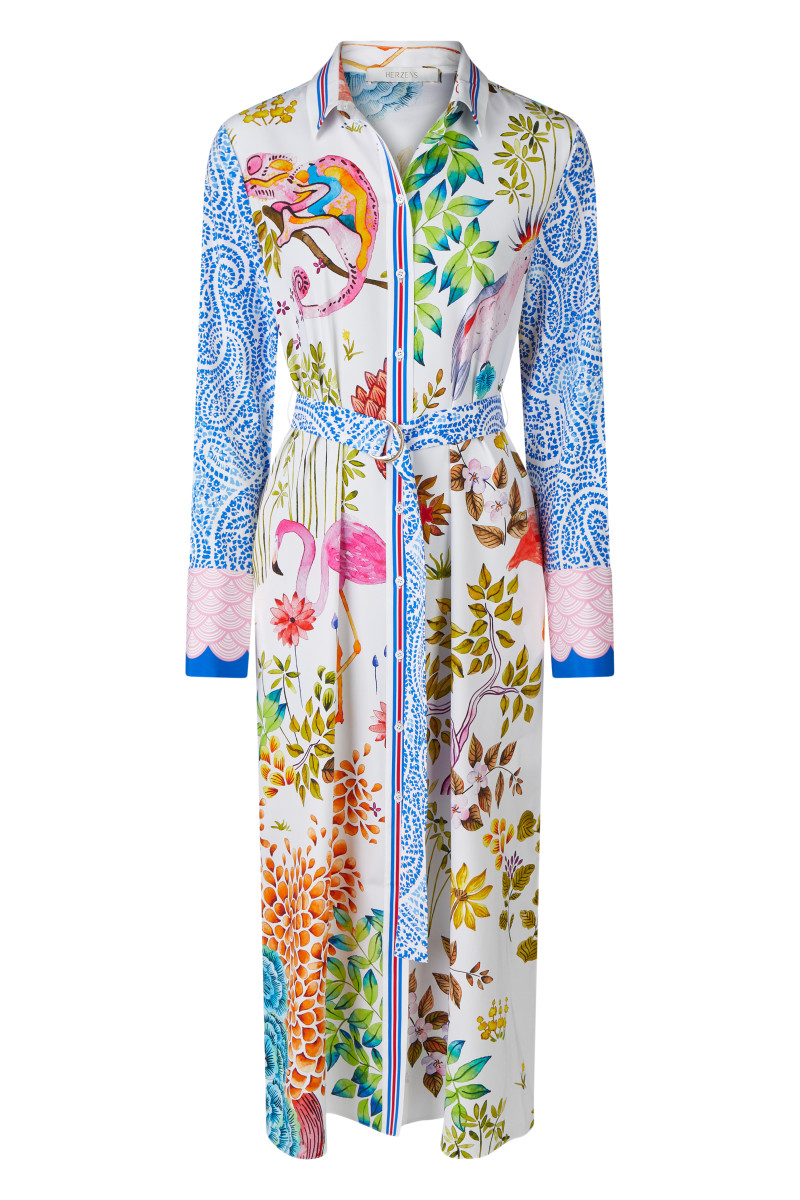 Langes Seidenkleid mit Bindegürtel