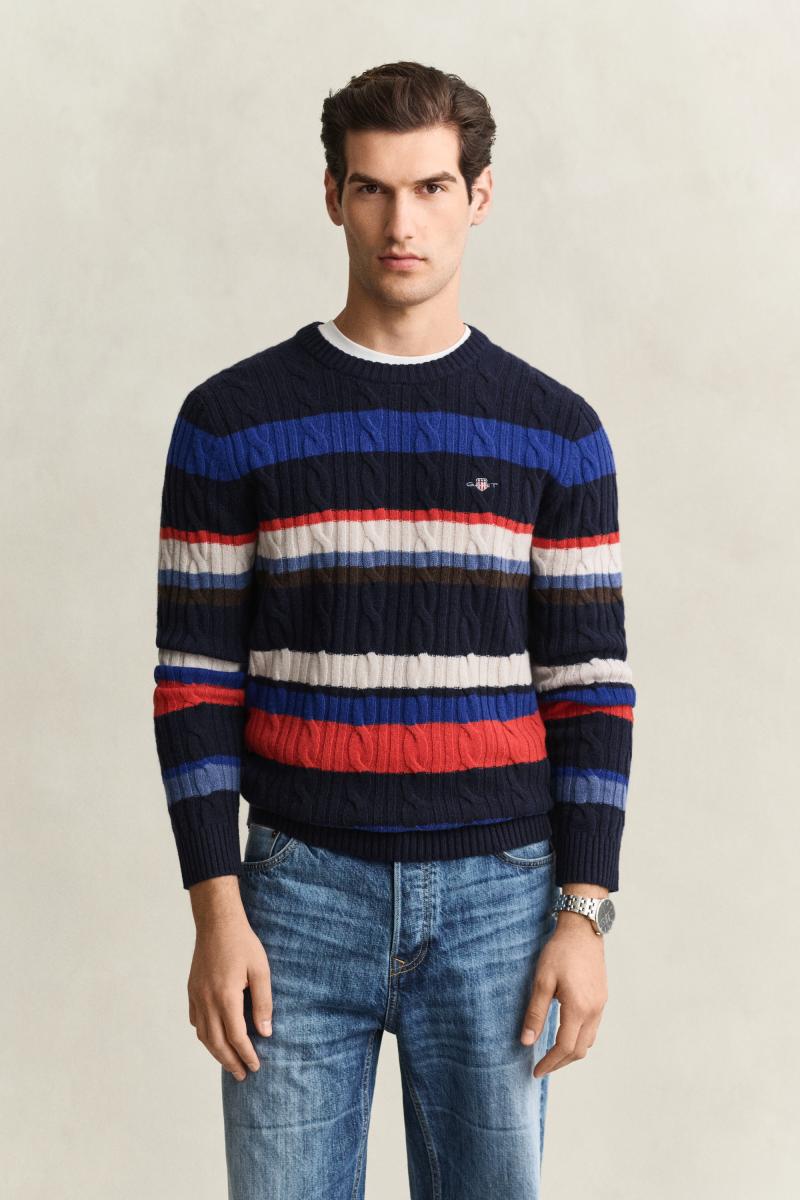 Herren Gestreifter Zopfstrickpullover aus Lambswool