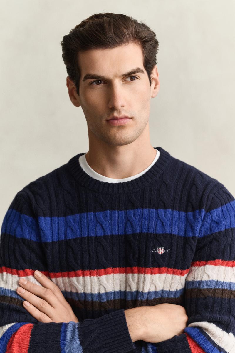 Herren Gestreifter Zopfstrickpullover aus Lambswool