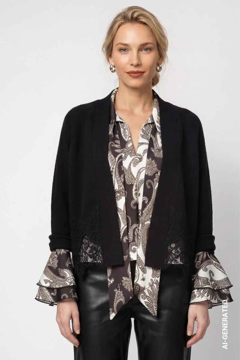 Damen Strickjacke mit Spitzenborte