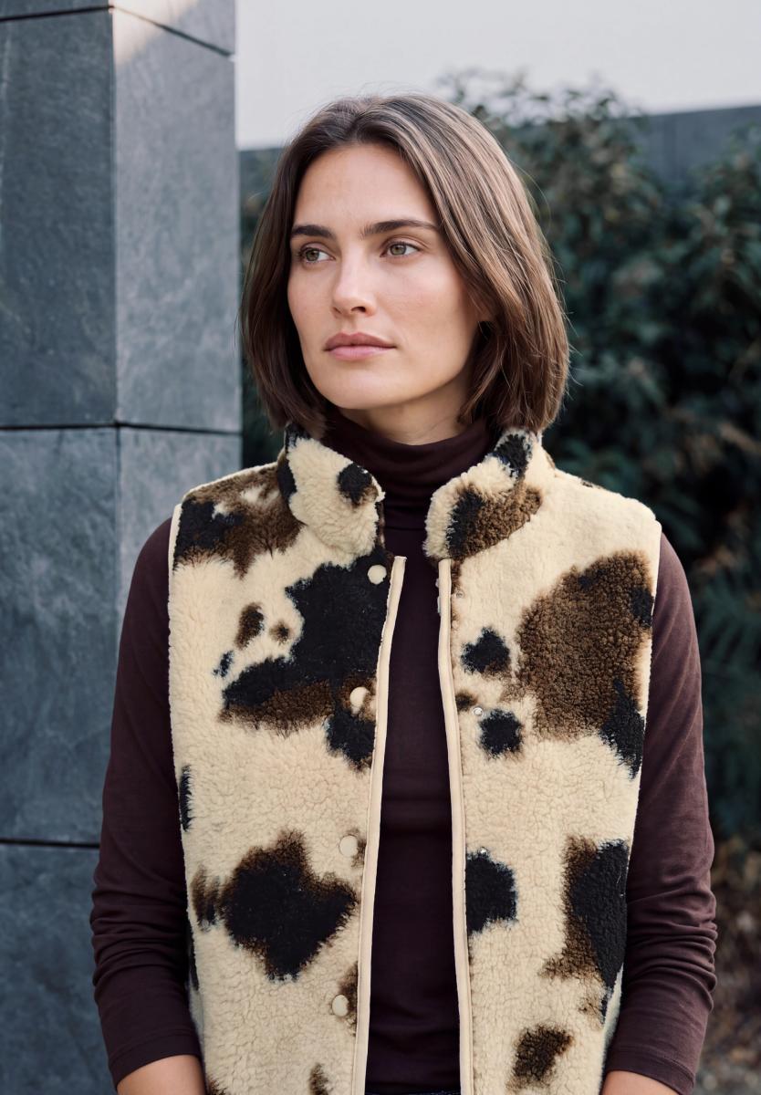 Damen Teddyweste mit Rundhals und Print