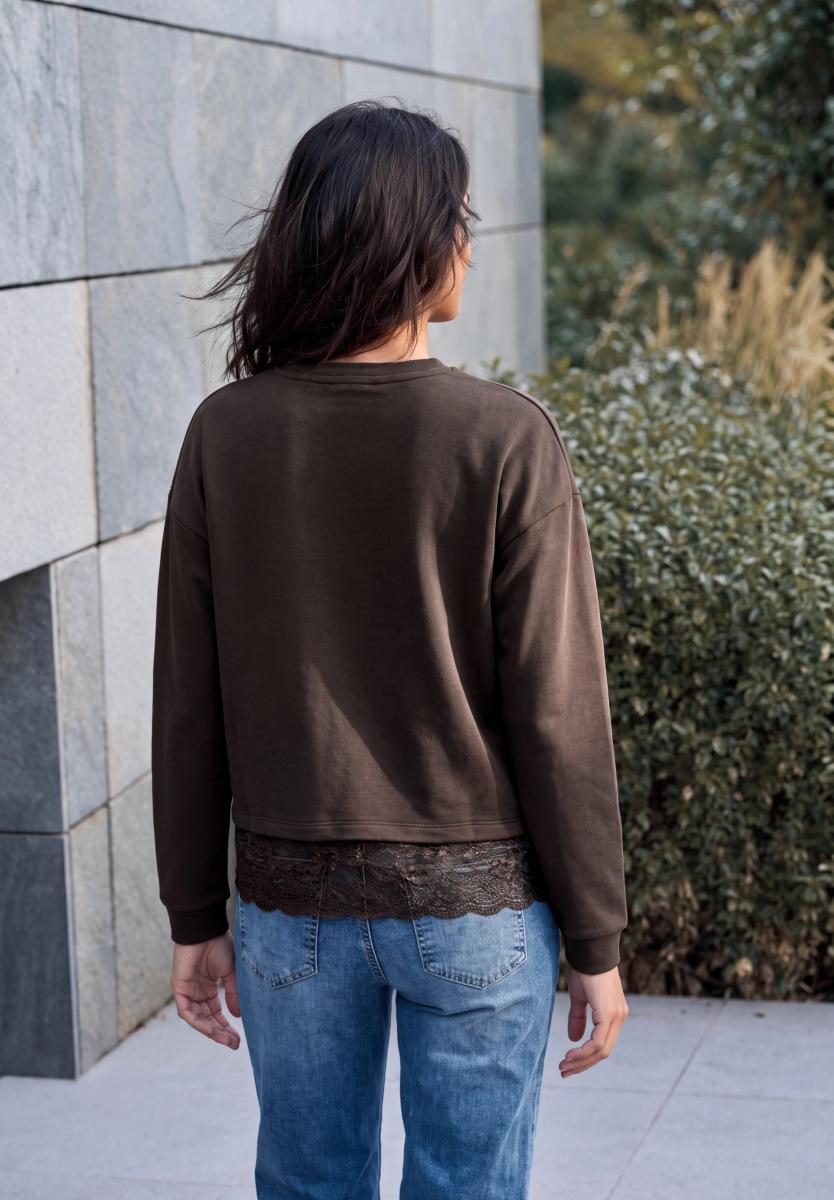 Damen Langarm Shirt mit Rundhals und Spitzenkante