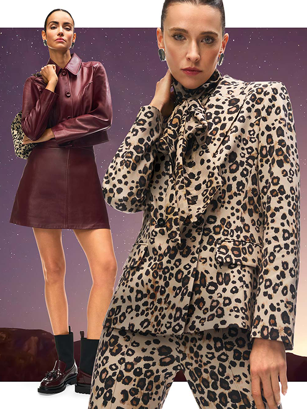 Model in Leoparden-Anzug von Marc Cain und im Hintergrund Model in beerenfarbenem Rock und Lederjacke von Marc Cain