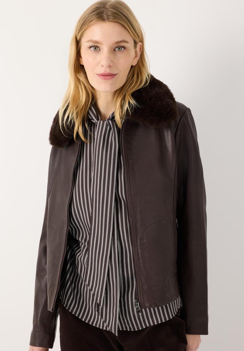 Damen Lederjacke mit abnehmbarem Kunstfellkragen