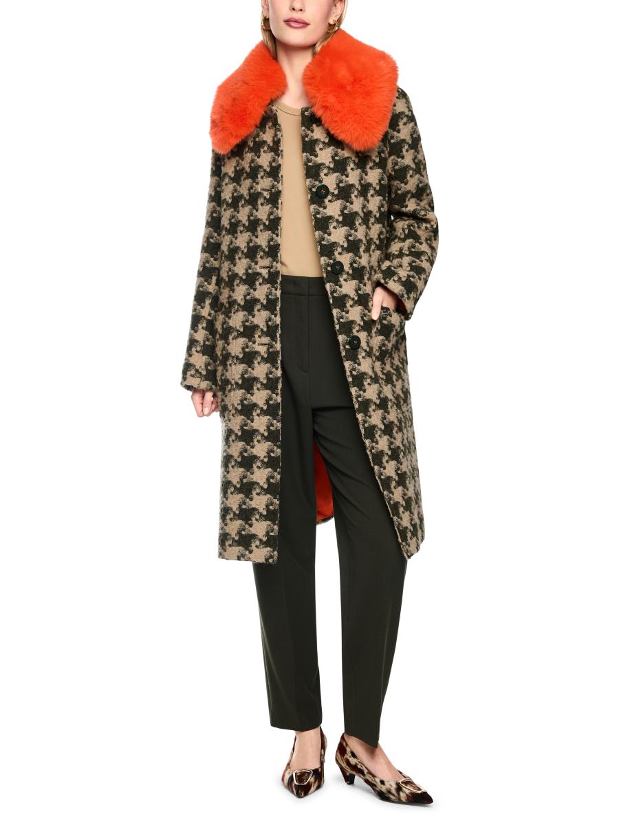 Damen Hahnentritt-Mantel mit Fake-Fur-Kragen