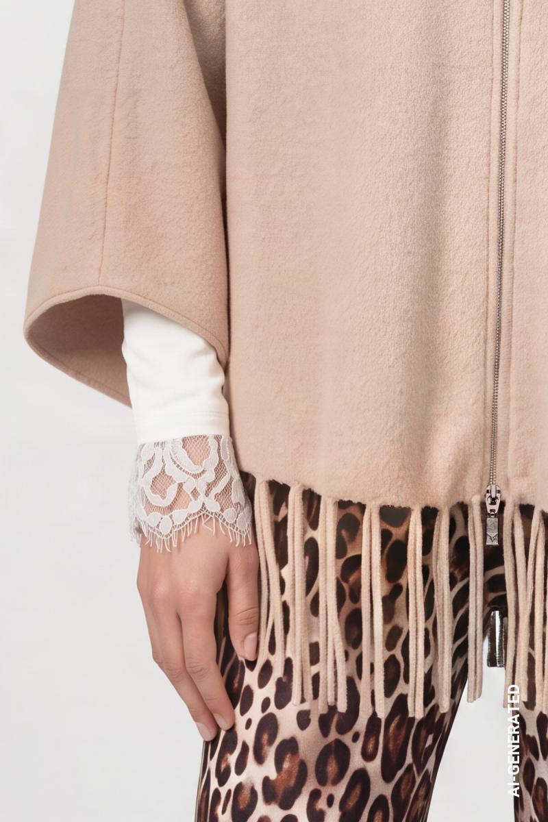 Damen Strickcape Mit Fransen