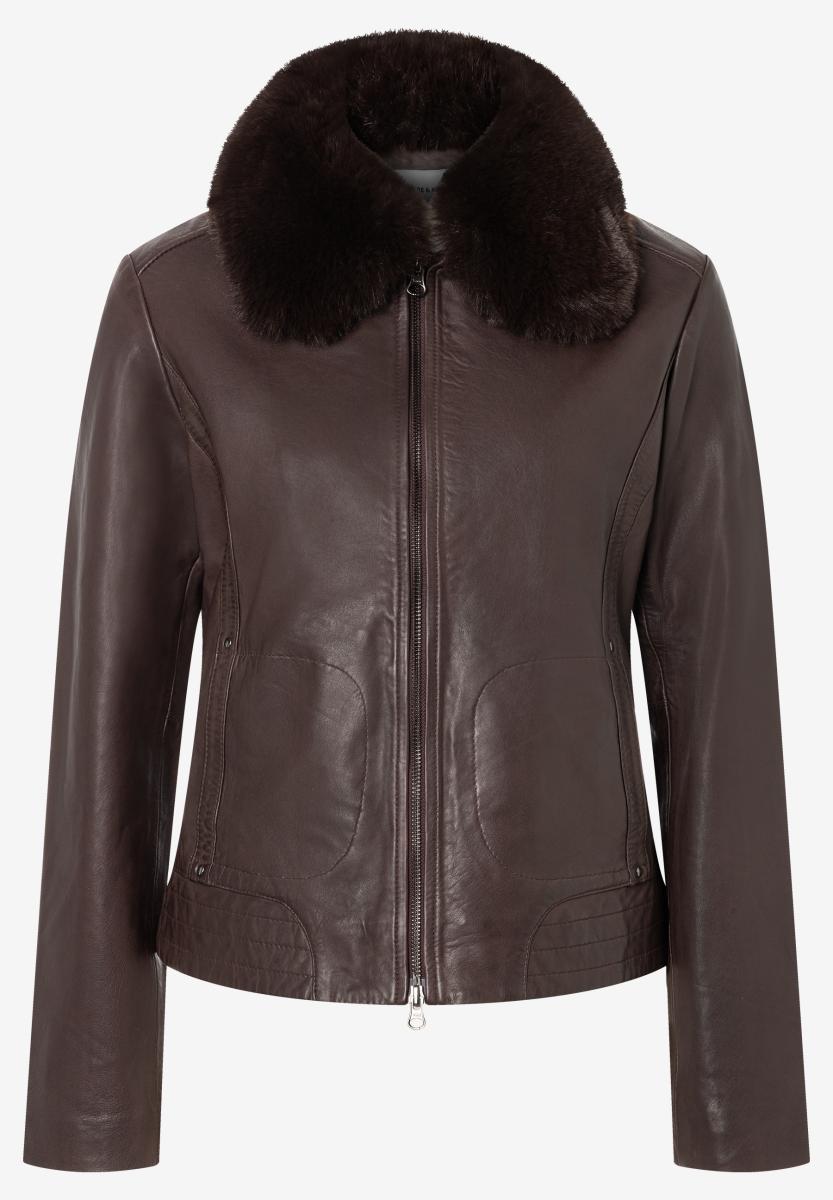 Damen Lederjacke mit abnehmbarem Kunstfellkragen