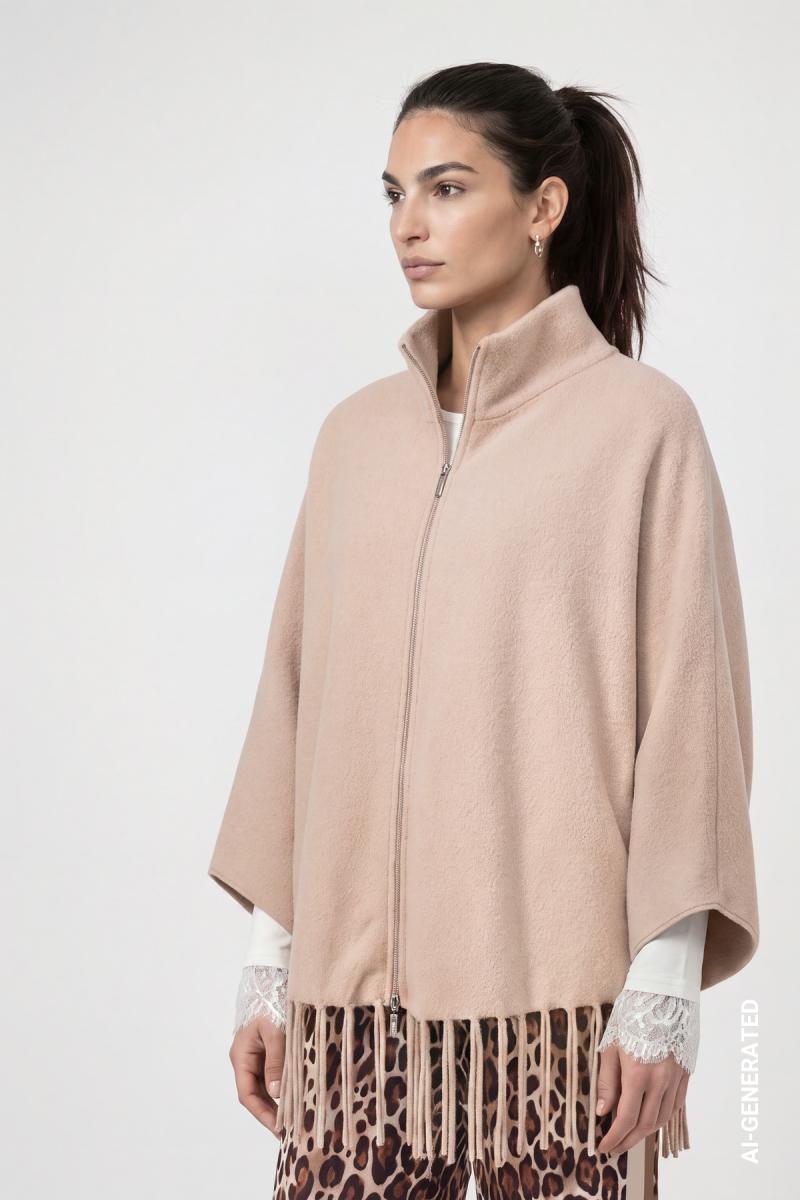 Damen Strickcape Mit Fransen