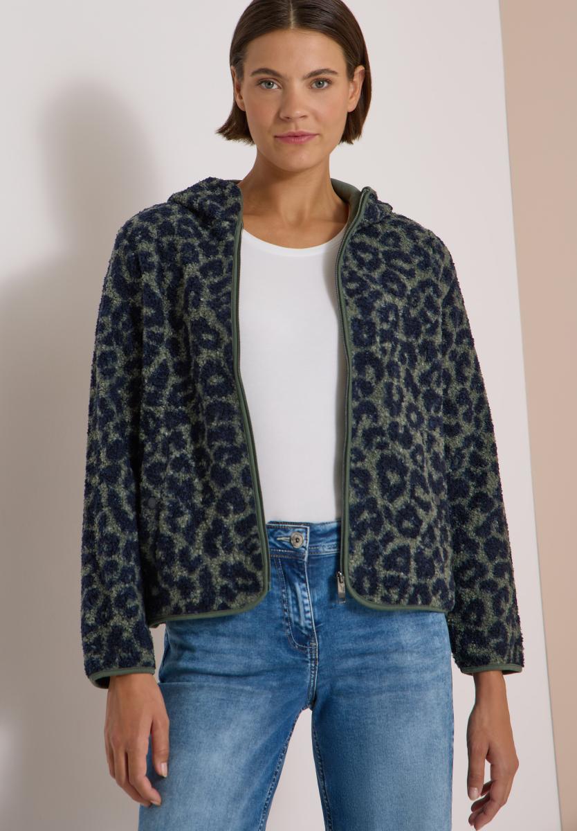 Damen Teddy-Jacke mit Kapuze und Leo-Muster