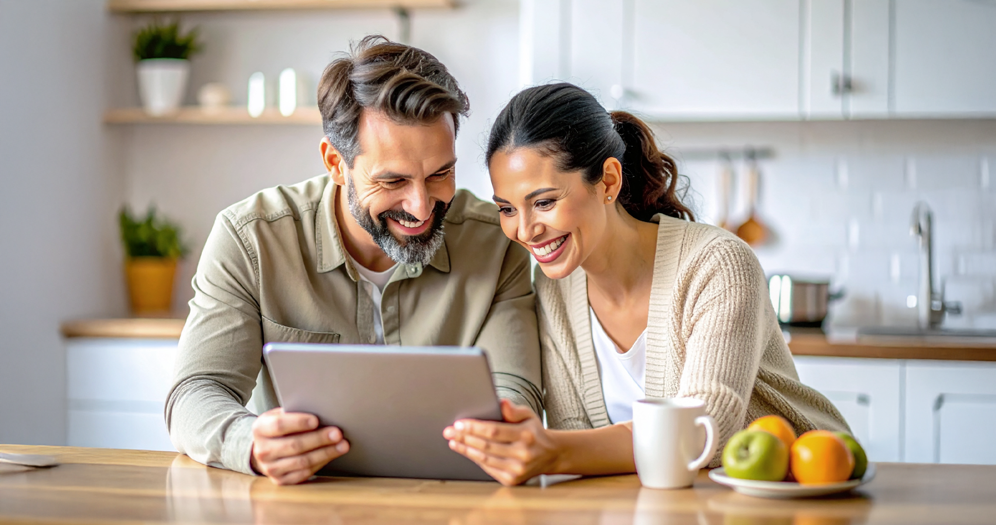 Fröhliches Paar schaut sich einen Newsletter auf demm Tablet an.