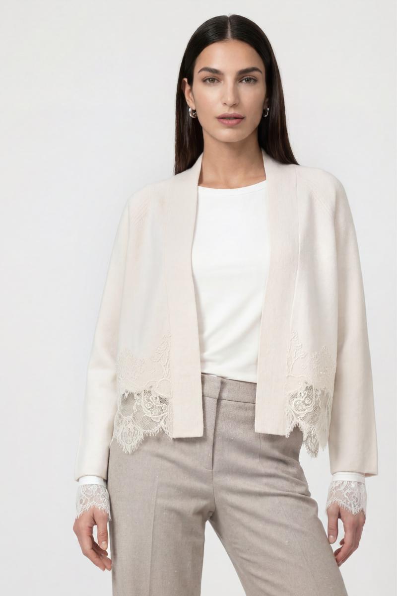 Damen Strickjacke mit Spitzenborte