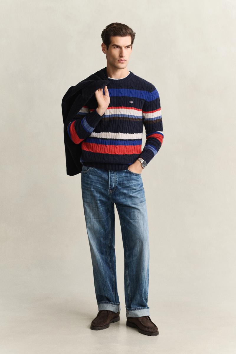 Herren Gestreifter Zopfstrickpullover aus Lambswool