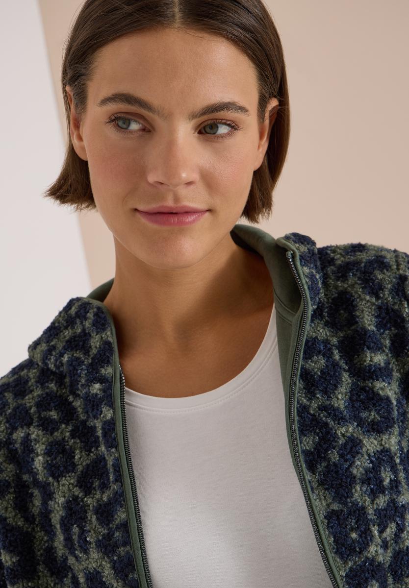 Damen Teddy-Jacke mit Kapuze und Leo-Muster