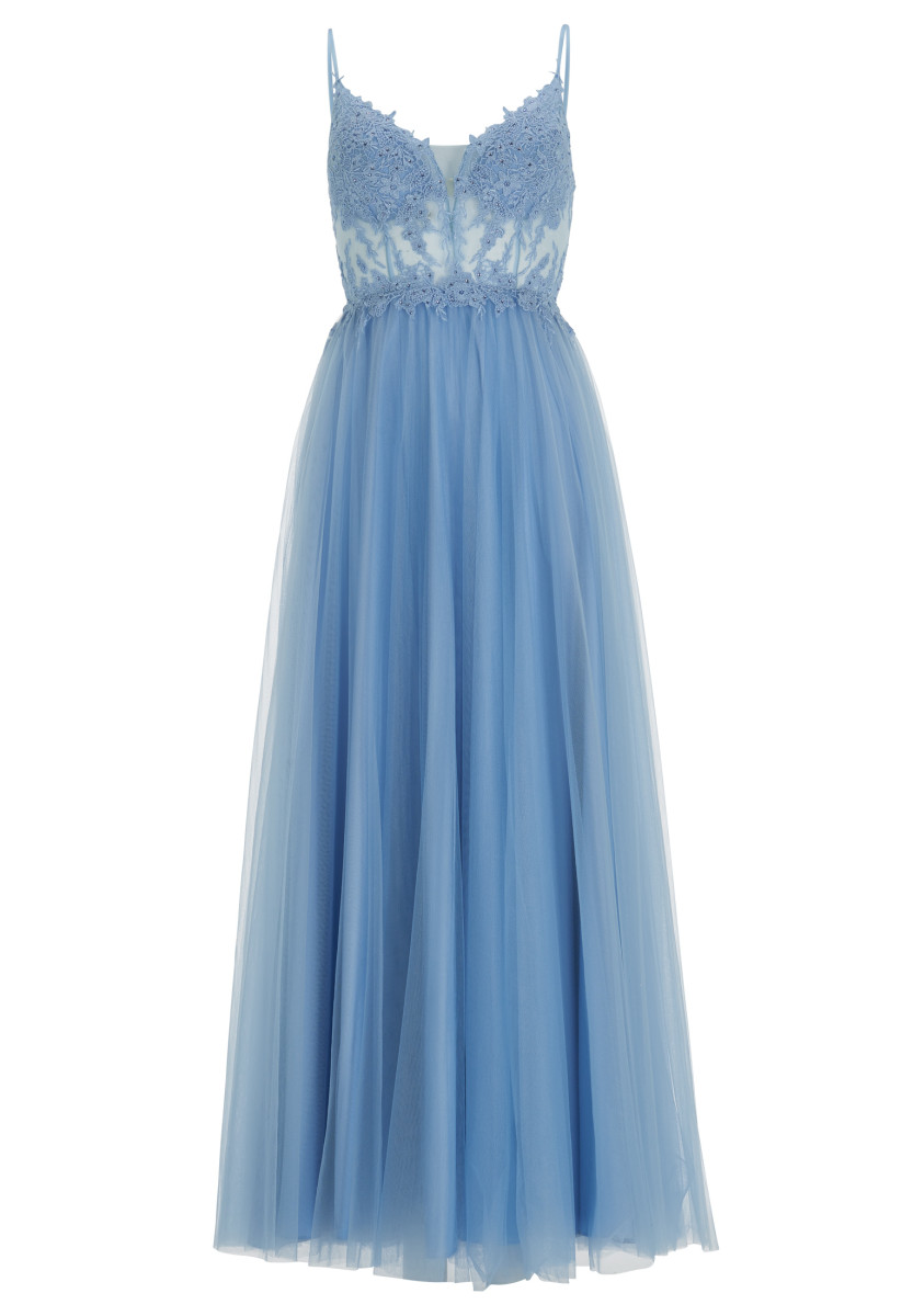 Ausgestelltes Tüllkleid mit Spitzenstickerei