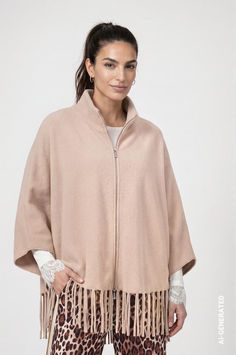 Damen Strickcape Mit Fransen
