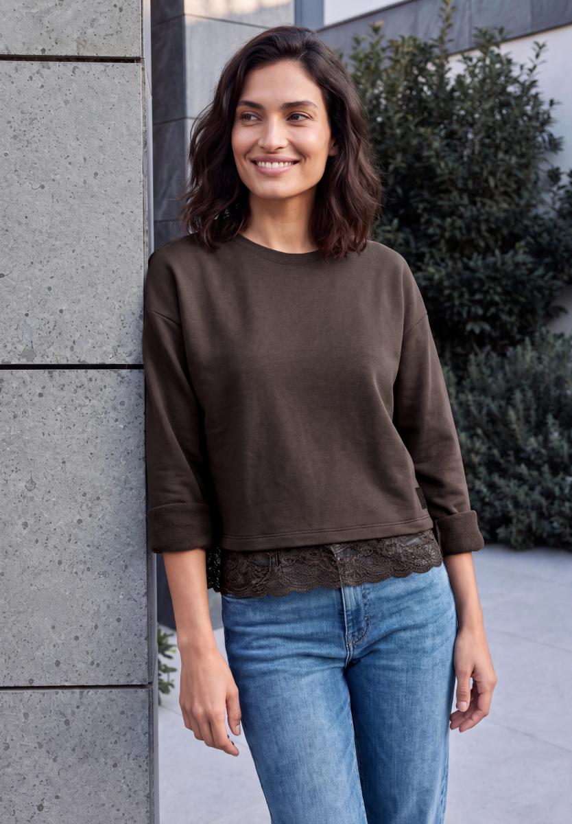 Damen Langarm Shirt mit Rundhals und Spitzenkante