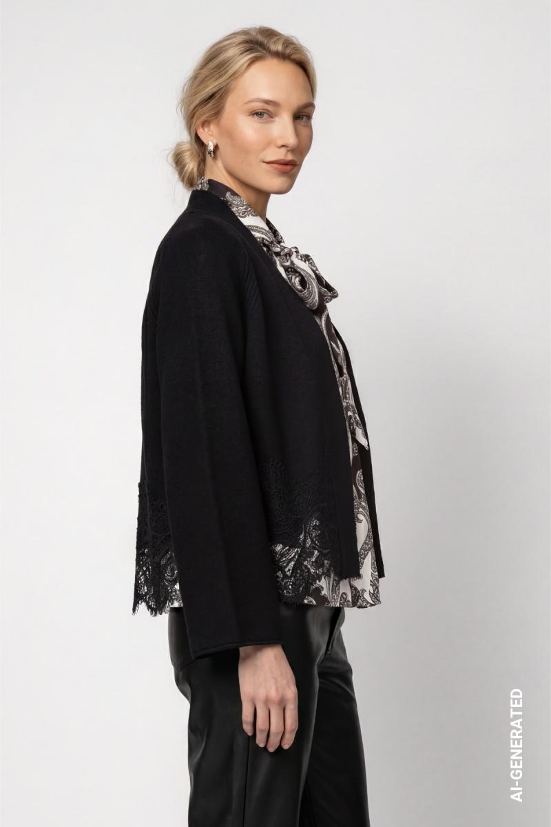 Damen Strickjacke mit Spitzenborte