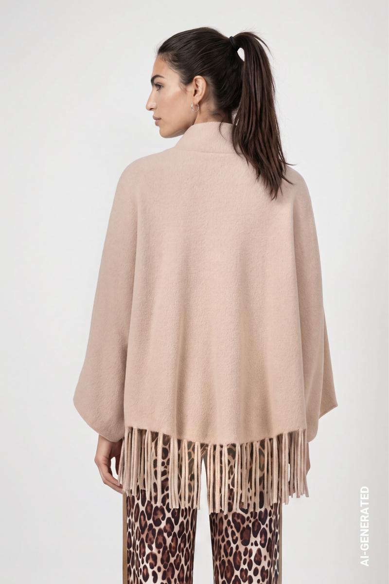 Damen Strickcape Mit Fransen